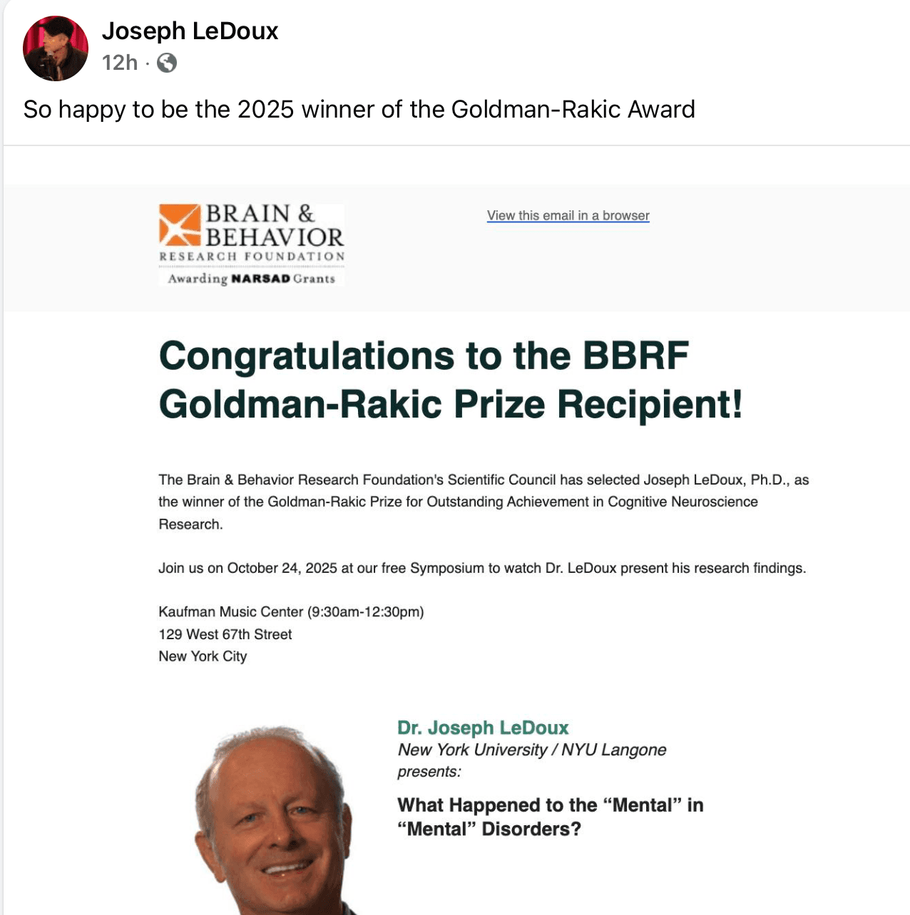 Joe Wins the 2025 Goldman-Rakic Prize for Outstanding Achievements in Cognitive Science.